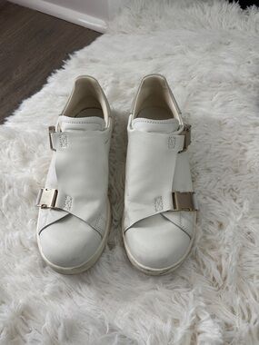 adidas White Leather Slip-On Sneakers with Gold Buckle Details